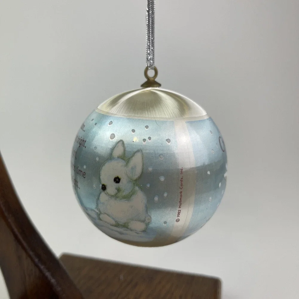Vintage 1982 Hallmark Grandson Satin Ball‎ Christmas Ornament Bunnies Sled Snow